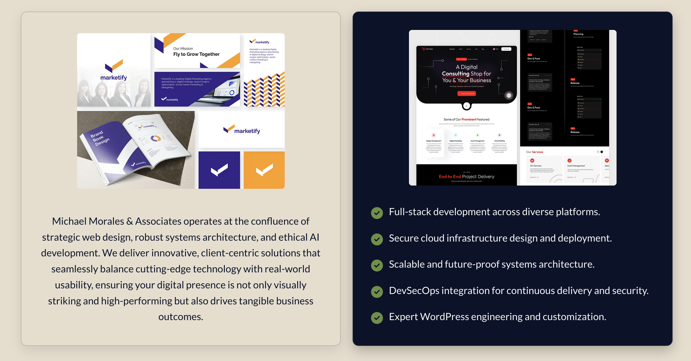 Showcase of Michael Morales & Associates’ digital strategy services featuring branding mockups, web development visuals, and a service list highlighting full-stack development, cloud infrastructure, scalable architecture, DevSecOps, and WordPress customization.