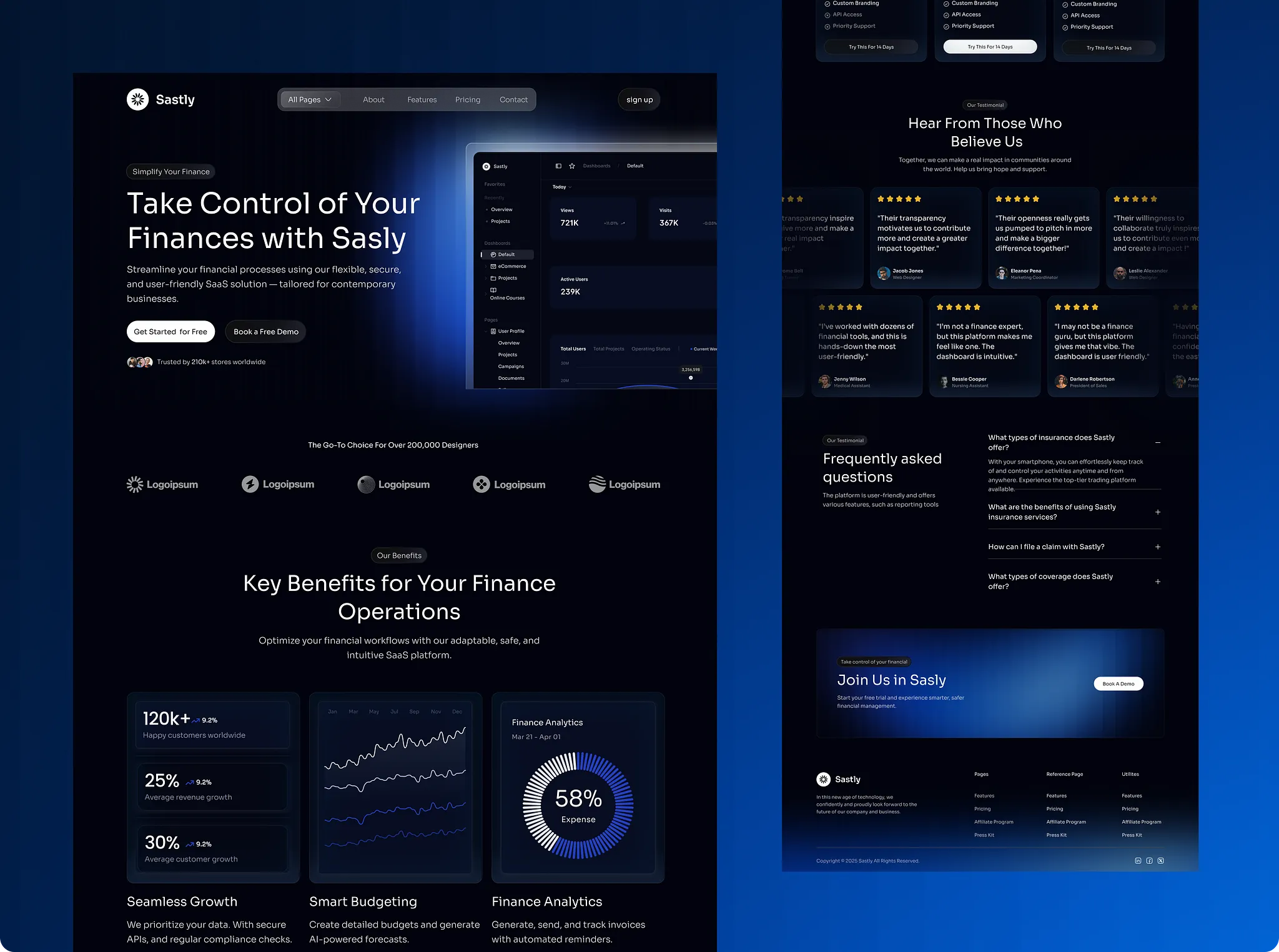 Modern SaaS website UI/UX wireframe designed using AI and Penpot, showcasing dashboard and finance analytics.